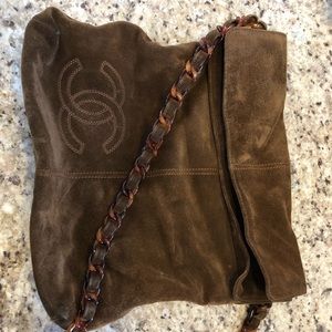 Brown Suede Chanel Logo stitched tote